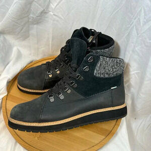 TOMS Women's  Lace Up Boot, Black Leather/Suede Size 10 Flat Comfort Walking